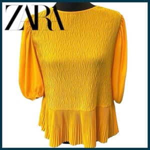 Zara Orange/Yellow Balloon Sleeve Textured Bottom Pleating Blouse Top (XS)